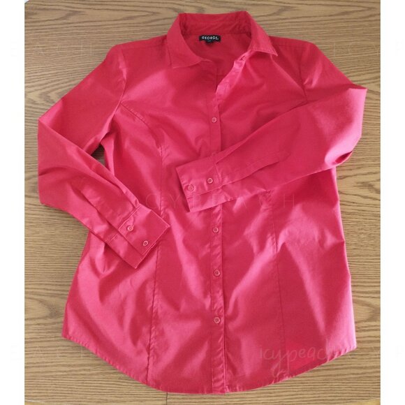 George Button Down Shirt Medium Red Top Classic Lagenlook Preppy Coastal Grandma - Picture 4 of 14